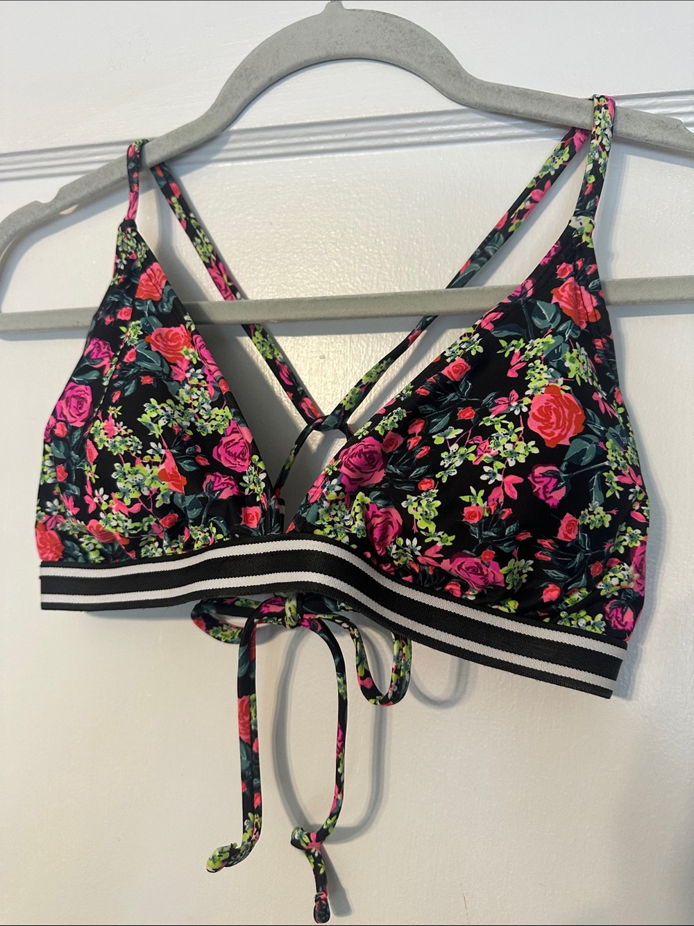 Xhilaration Black Floral Bikini Top with Pink & Green Roses